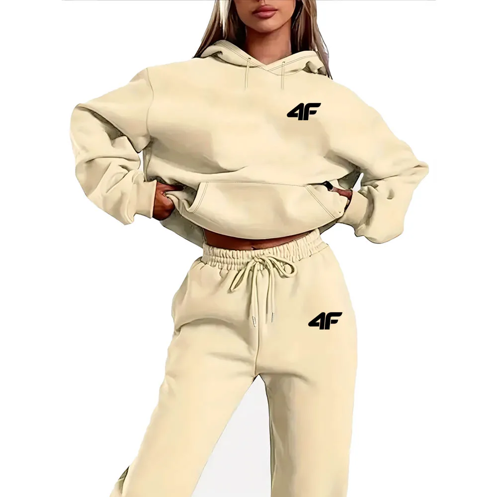 Fashion Lady 2 Piece Hoodies Set Letter Print Hooded Sweatshirt Skinny Stacked Pants Sporty Tracksuit Outfit