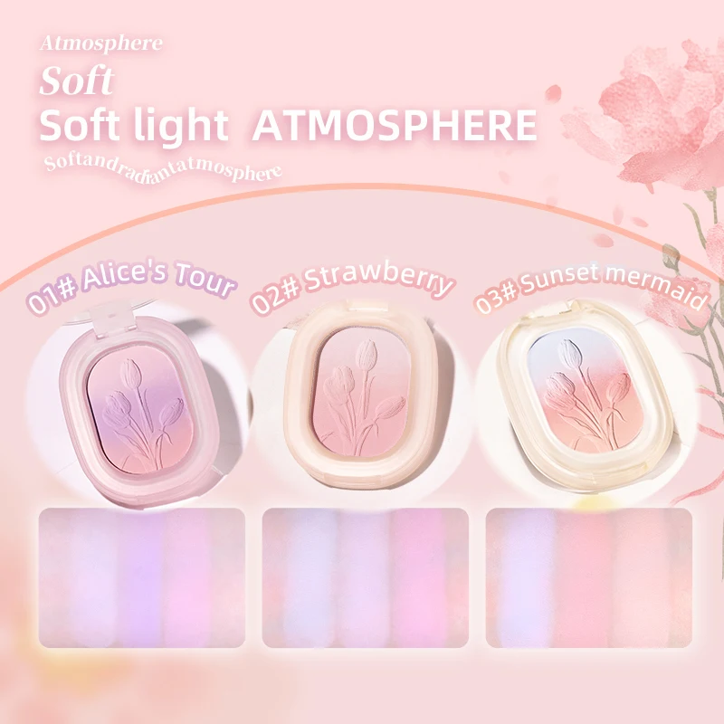 Blush gradiente multicolorido, paleta de blush vibrante, cores leves e misturáveis, três cores estão disponíveis, cosméticos faciais