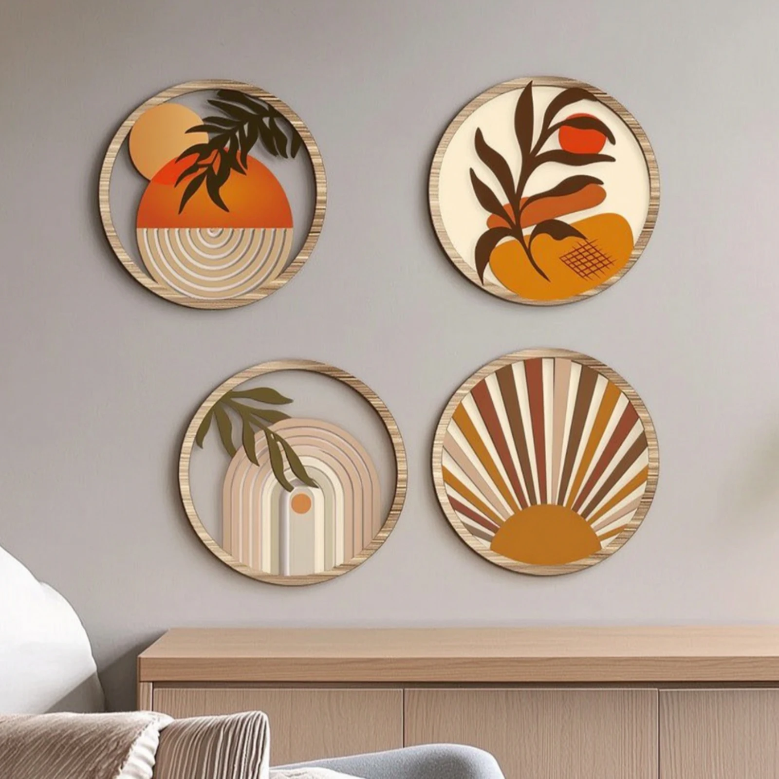4 Pieces Round Wall Plaque Mid-Century Wooden Wall Plaque Hanging Sign Decorative Printed for Living Room, Bedroom