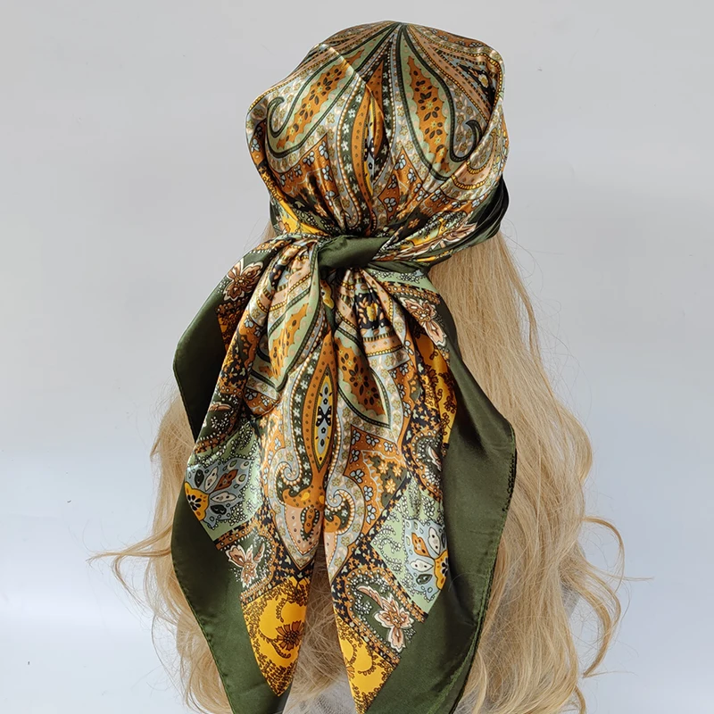 

90*90cm fashion Vintage Flowers Square Scarf Women Silk Shawls Neckerchief Female Print Headband Head Wraps Foulard Hijab Hair