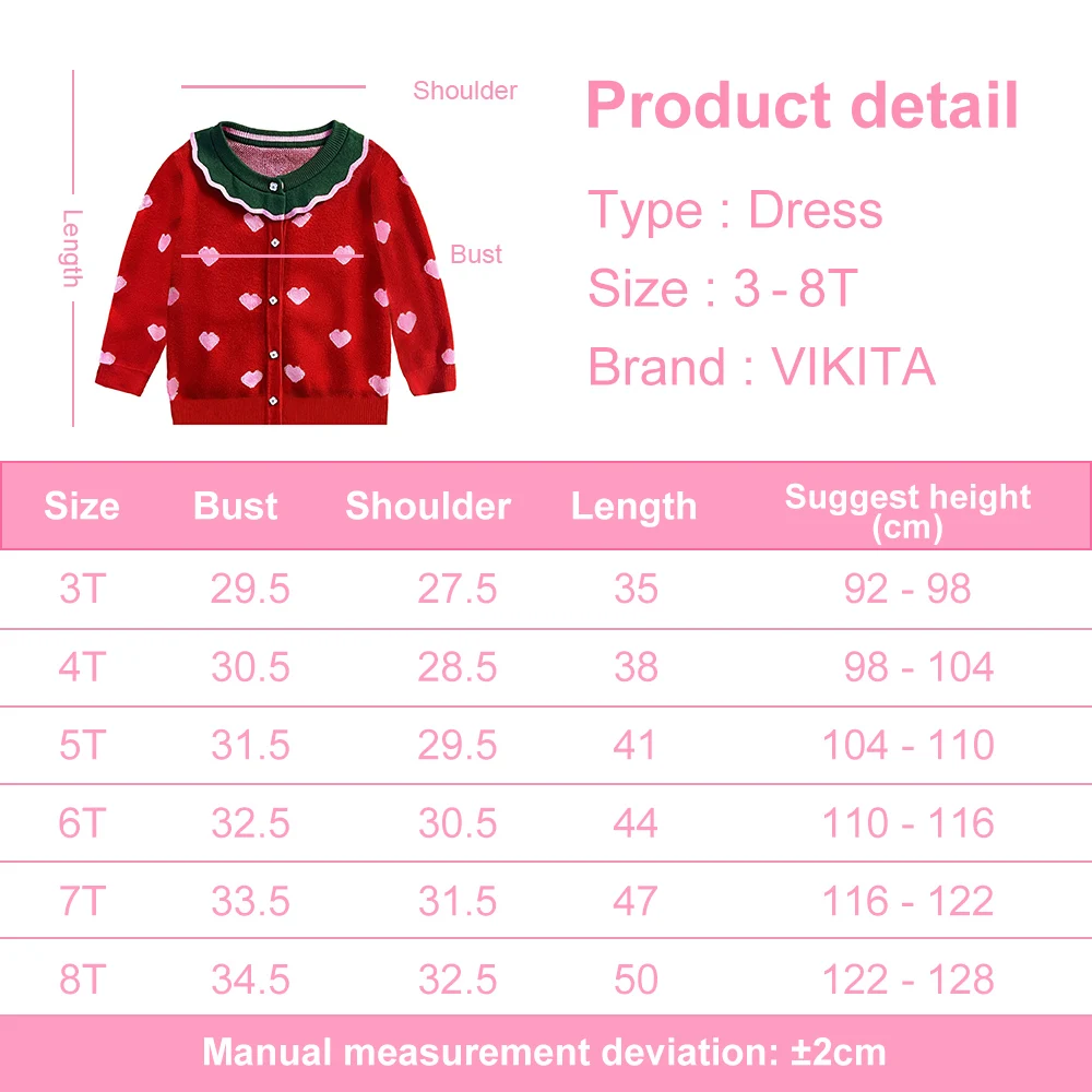 VIKITA Mädchen Weihnachten Rot Grün Strickjacken Teenager Herzform Druck Entzückende Gemütliche Stilvolle Warme Pullover Mädchen Outwear Geschenk Outfits – Detail 1