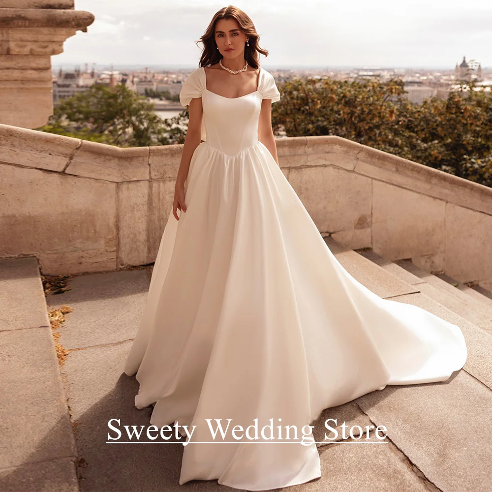 

Simple Wedding Dress Customized Cap Sleeve Sweep Train Draped A Line Corset Bridal Gown for Woman Bride Robe De Mariee