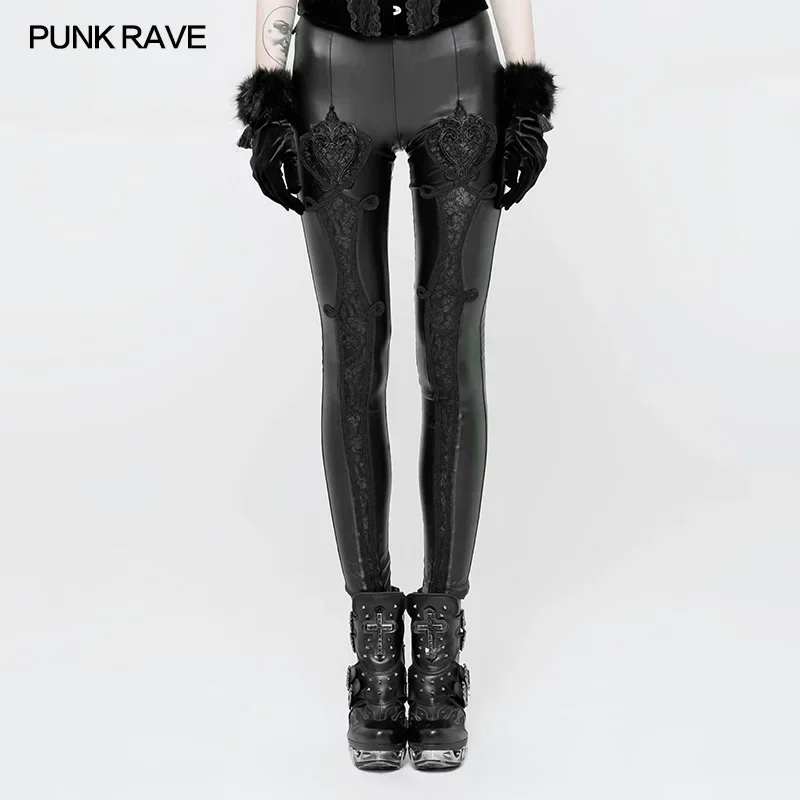 PUNK RAVE Gothic Elastischer Bund Blumen Stickerei Leder Leggings Vintage Geprägte Mesh Spitze Club Party Sexy Frauen Hosen