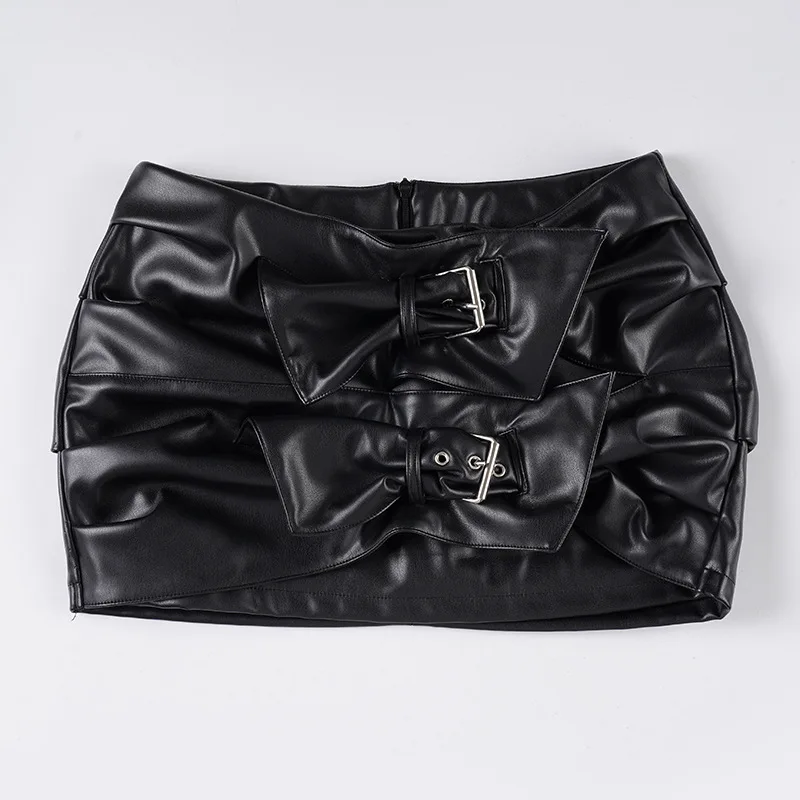 

Winter New Design Bow Metal Buckle Pu Leather Skirt Women Sexy Low Waist Hip A-shaped Skirt