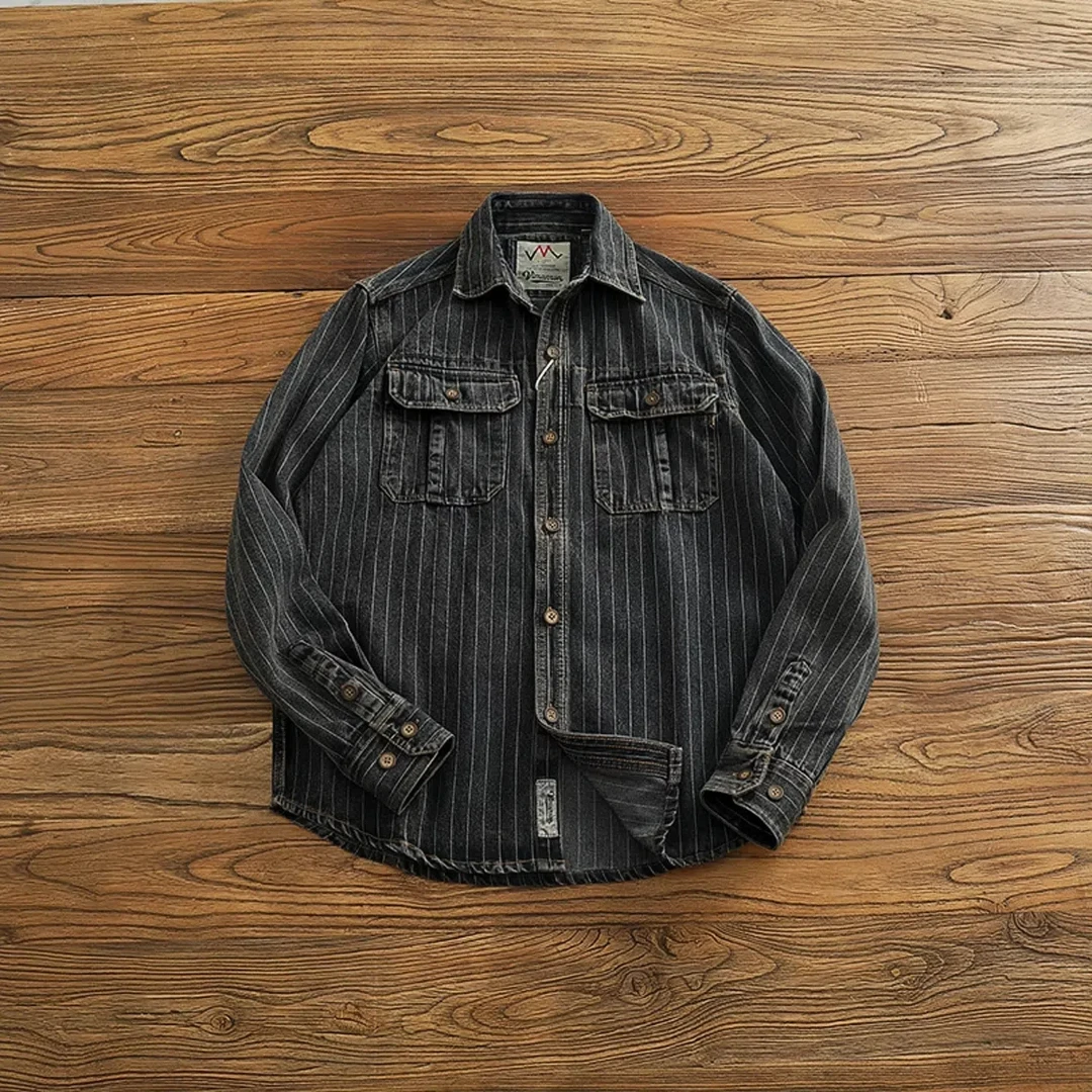 Vintage black gray to do old shirt men spring and autumn loose casual wash denim coat vintage striped cargo shirt