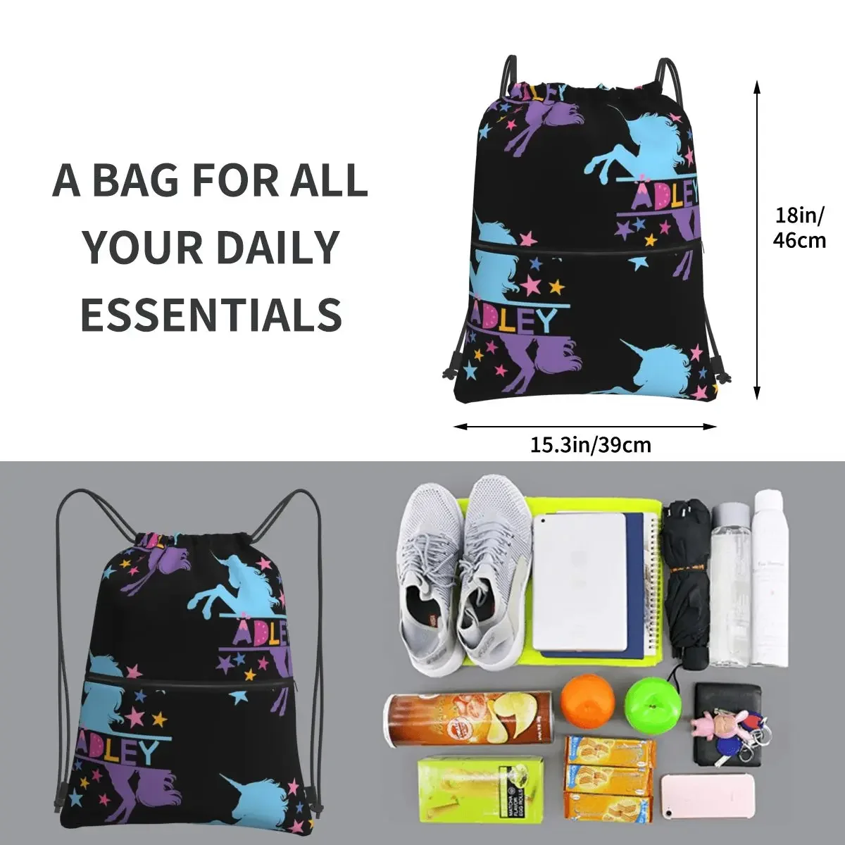 Adley-mochila de unicornio para niños, bolsa con cordón multifunción, paquete de bolsillo, bolsas de almacenamiento para viajes, deporte, hombre y mujer