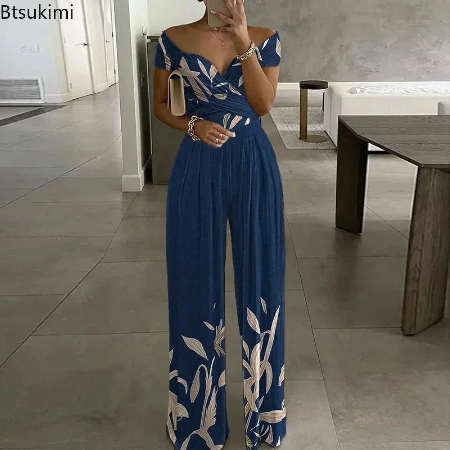 

New 2025 Women's Summer High Waist Short Sleeve Jumpsuits Overalls Female Oversize Plants Print V-neck Wide Leg Rompers Outfits