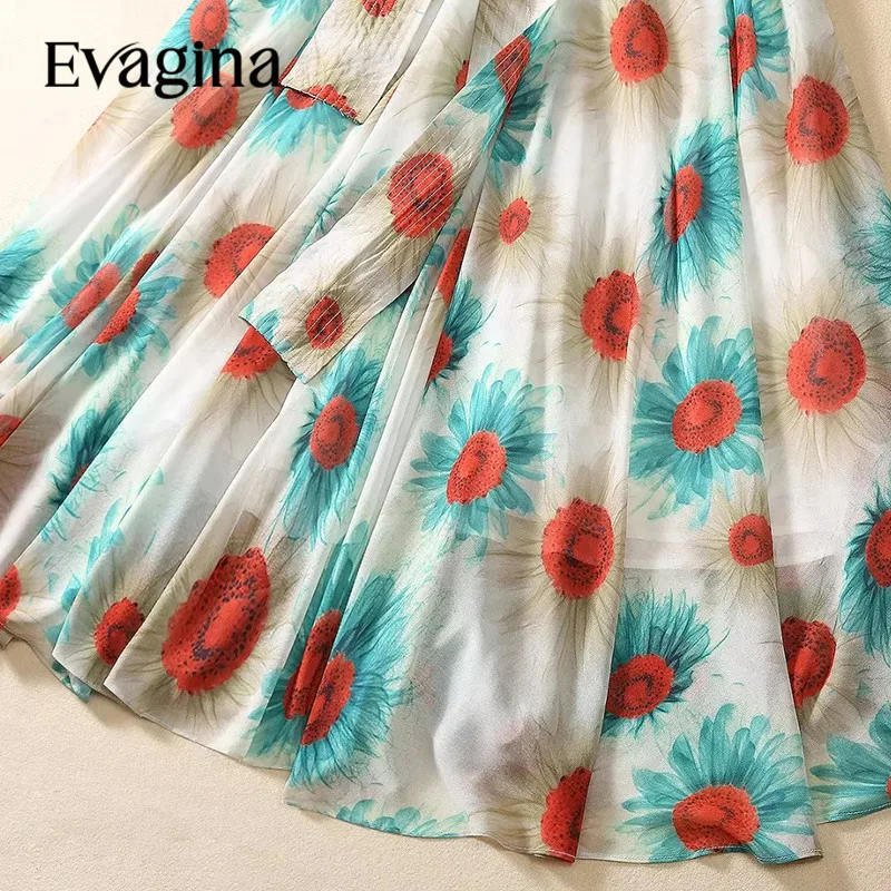 Evagina-Robe longue à imprimé fleuri pour femme, col en V, manches longues lanterne, style à lacets, nouvelle mode, créateur de piste, tempérament