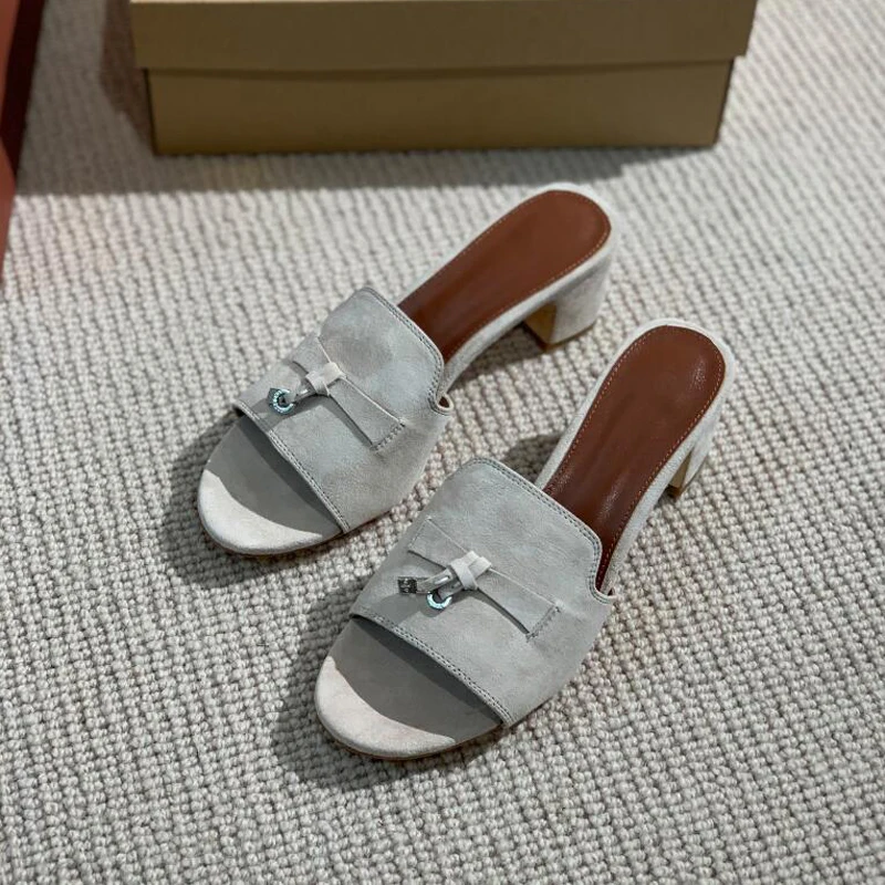 Fashion Peep Open Toe Slipper Women Suede Leather Chunky High Heel Women Shoe Metal Locked Decor Sandal Outwear Lady Mules Shoes