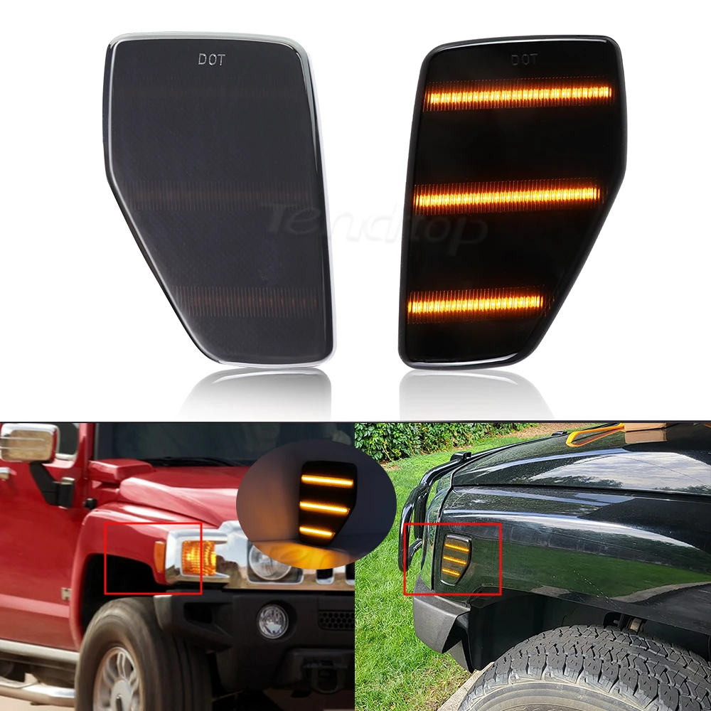 2pcs For Hummer H3 H3T 2006-2010 Front Fender Side Marker Lights Amber Turn Signal Light/Driving Lamp Triple-Row LED Strip