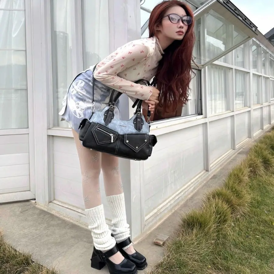 Women New Niche Vintage Colorblock Denim Patchwork Trendy Chic Shoulder Underarm Top Handle Crossbody Bag Daily Commuter