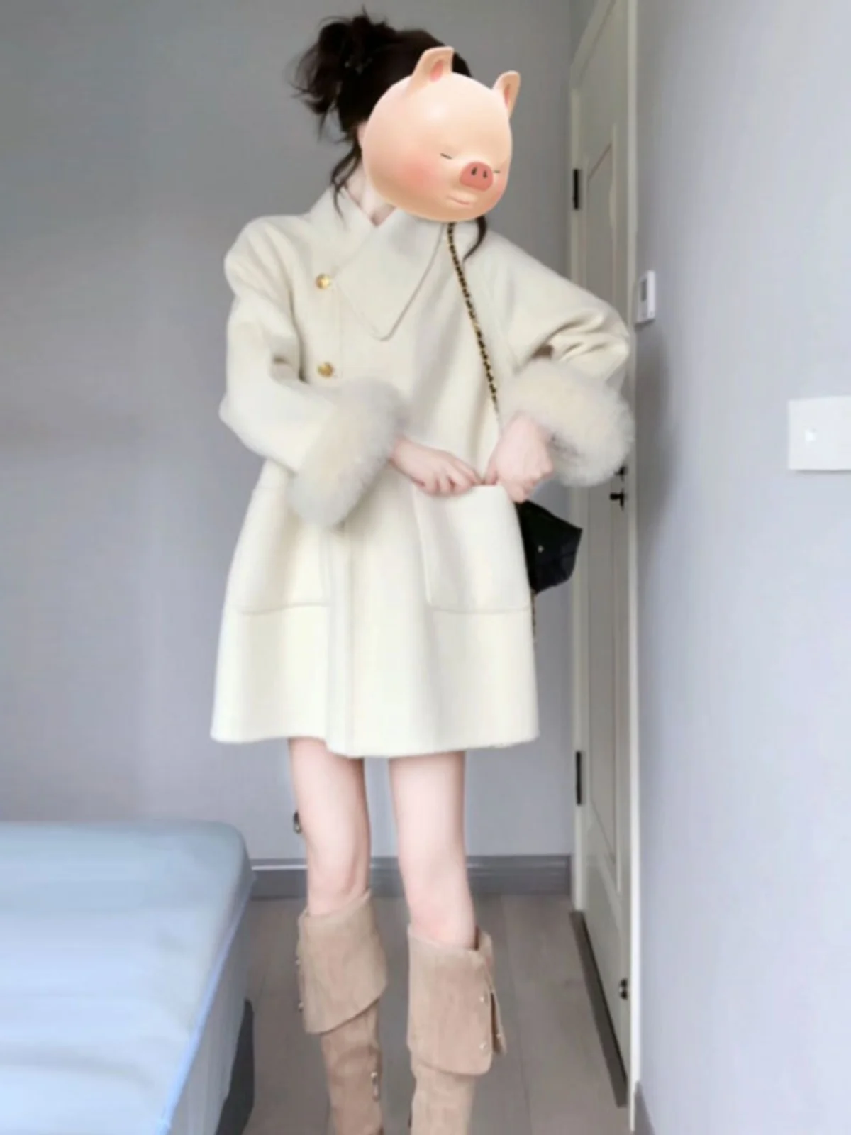 

Двустороннее шерстяное пальто в корейском стиле: элегантная и уникальная женская куртка средней длины, модная и стильная верхняя одежда