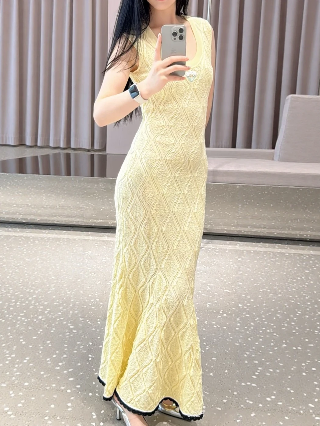 

Yellow Knitted Sleeveless Holiday Dress High Waist Hollow out Fish Tail Skirt Tight Fit round Neck Daily Wear Spring Season