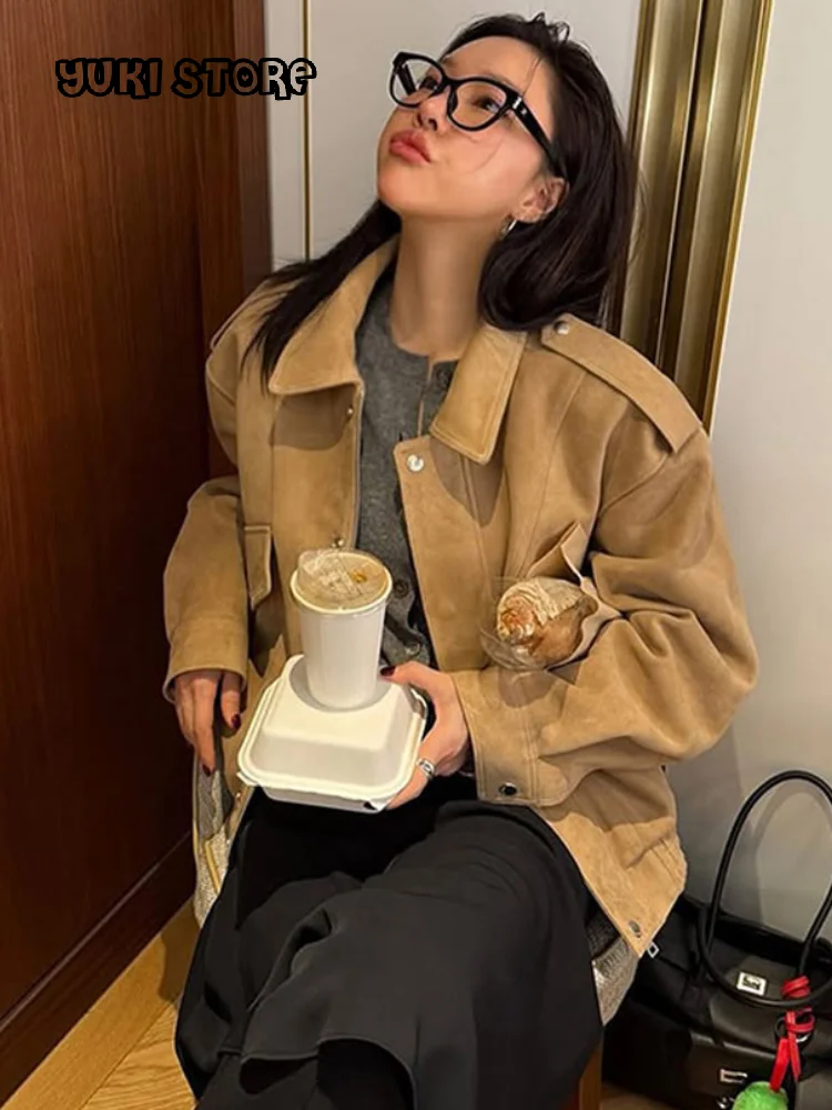 

Chic Suede Bomber Jackets Women Loose Lapel Zipper Long Sleeve Pockets Female Coats 2025 Autumn Lady Commute Outwear New
