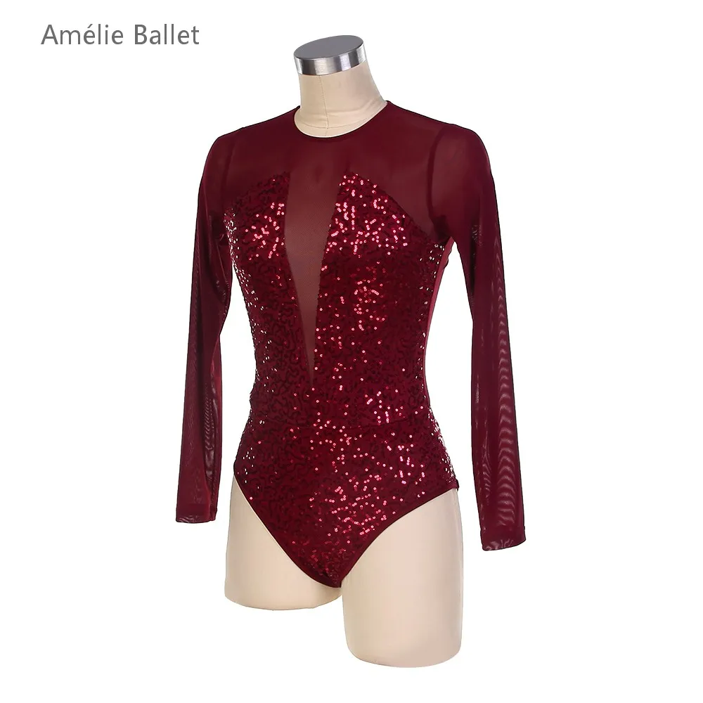 

Новый балетный костюм с длинными рукавами, бордовый, с пайетками, из спандекса, для лирических и современных танцев, для выступлений, балетная одежда