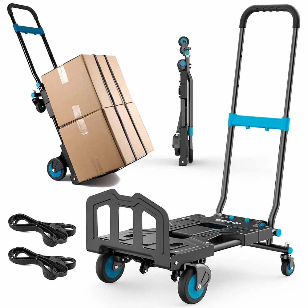 

Seesii Folding Hand Truck Dolly 150KG Capacity TPR Wheels Heavy-Duty Cart 3-Gear Retractable for Utility Move Shopping Delivery