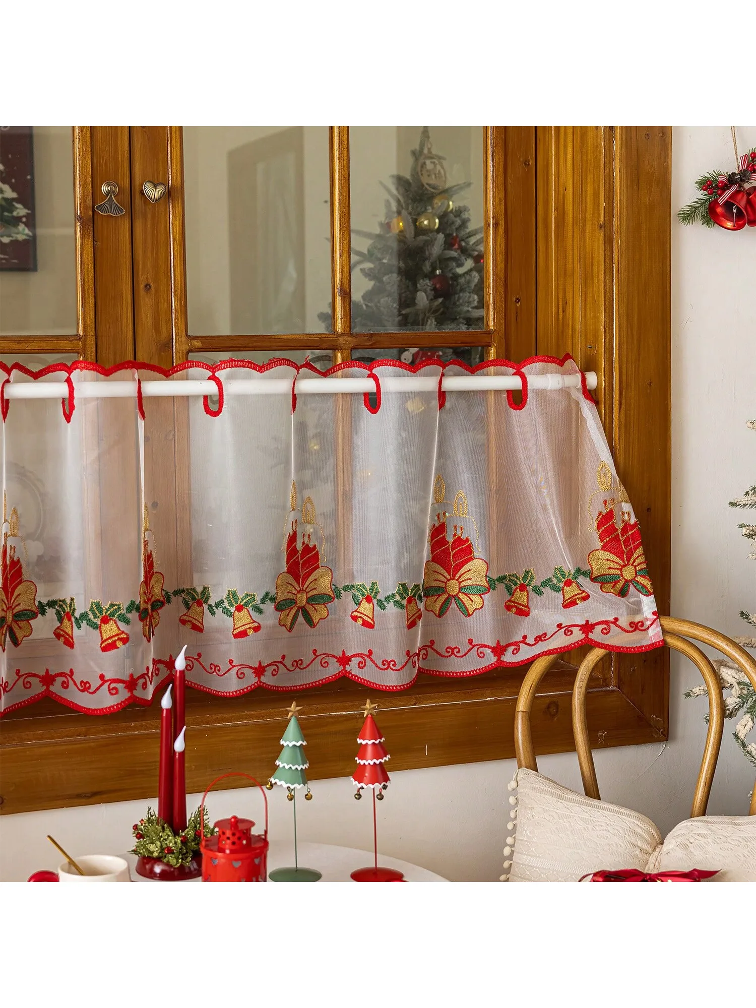 

1pcChristmas Santa Reindeer Sheer Valance Curtain Festive Window Decor for Holiday Kitchen Dining Room Dropshipping