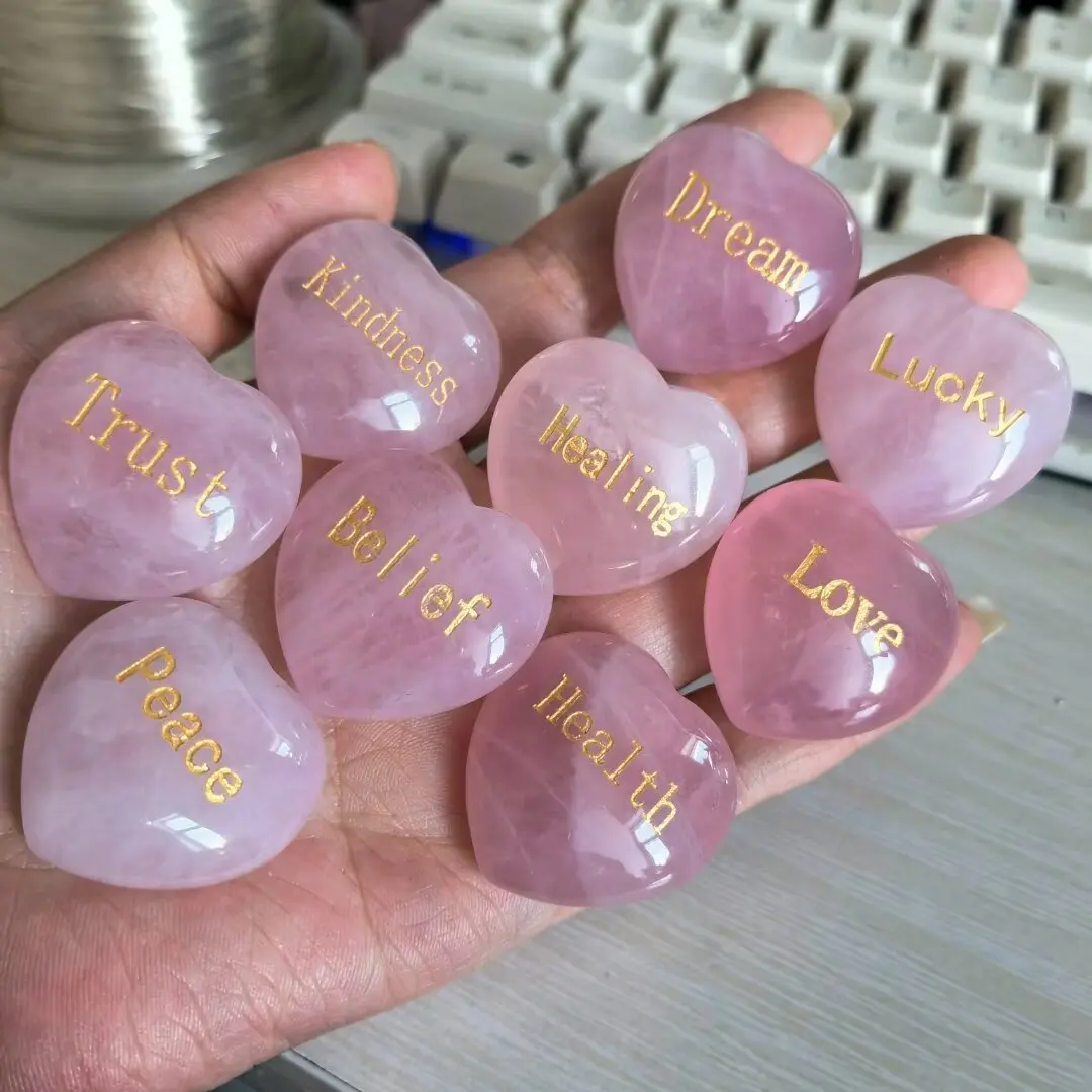 Random1pcs Rose Quartz Heart Inspirational Stone Engraved Love Natural Pink Crystal Valentine\'s Day Gifts