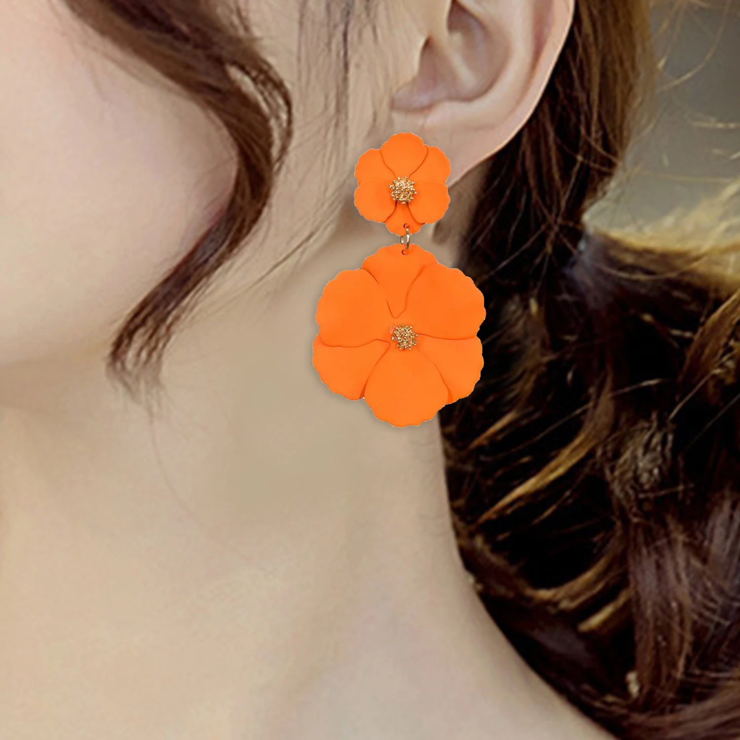 New Fashion Big Flower Drop Earrings for Women Vintage Orange Long Tassel Statement Double Layer Enamel Floral Earring Jewelry