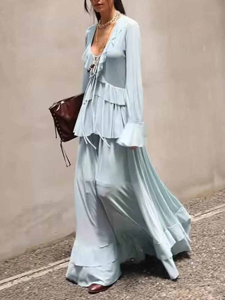 

HH женские костюмы однотонные с v-образным вырезом и длинными рукавами с бантом на шнуровке украшения рубашки + длинная юбка с эластичной резинкой на талии женские повседневные комплекты юбок