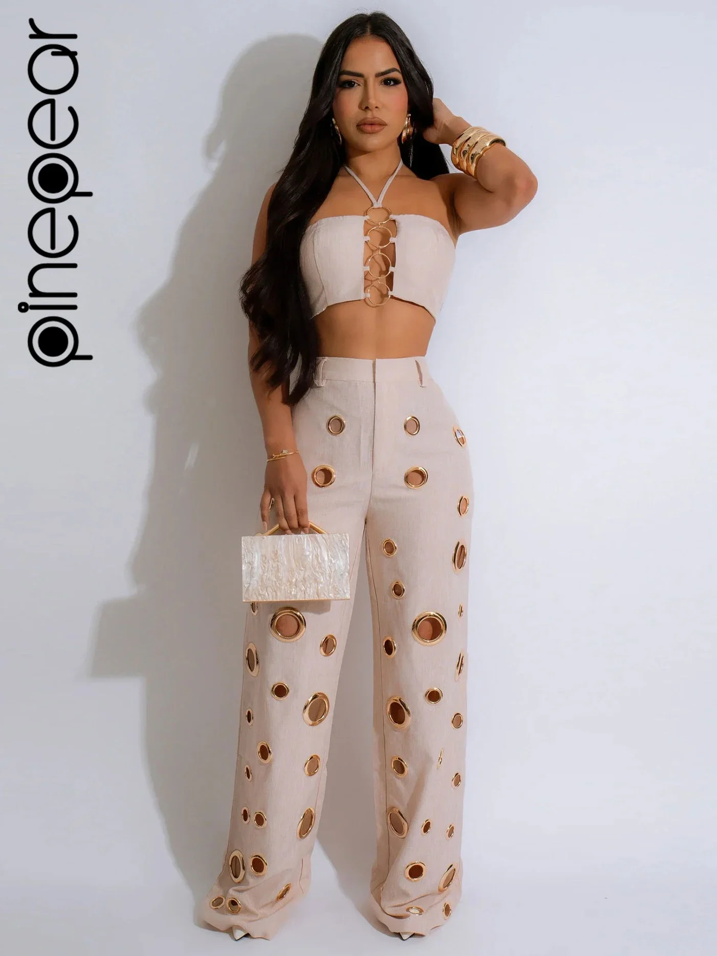 PinePear Y2K Metal Ring Hole Two Piece Pants Sets Women Sleeveless Strapless Tops + Straight Pants Suits Party Club Outfits 2024