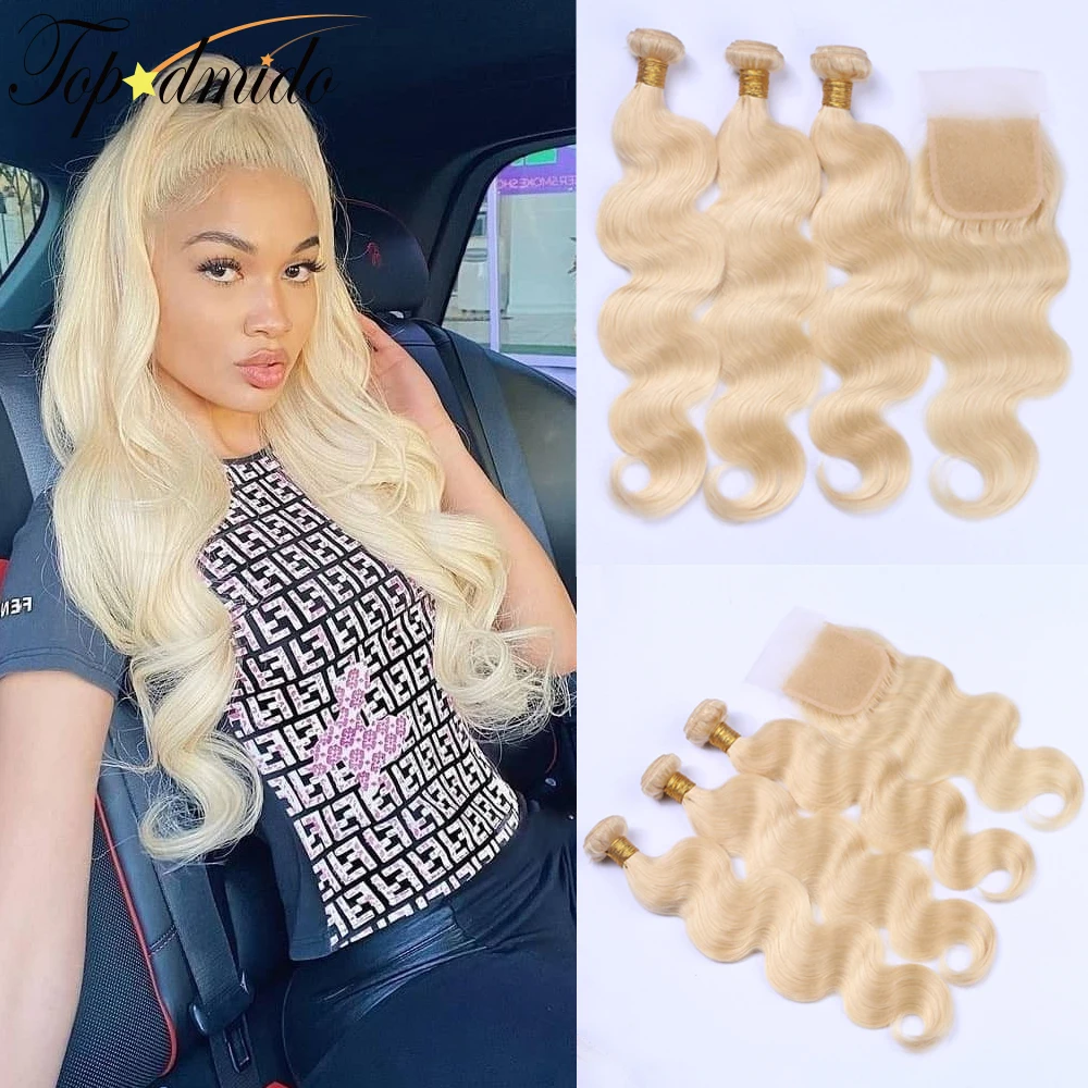 

Topodmido 613 Color Human Hair Bundles with Closure Brazilian Remy Hair Weft with 4X4 Closure Blonde Body Wave Hair Extension