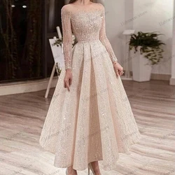 Shiny Evening Dresses A-Line Prom Dress Full Sleeves Tea-Length Ball Gown Sequin Appliques Cocktail Vestidos De Gala Customized