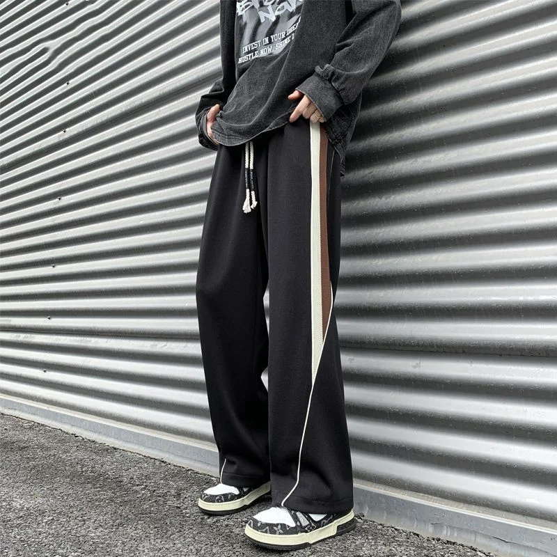 

2023 Autumn New Contrast Stripe Spliced Sports Pants Solid Drawstring Pocket American High Street Loose Wide Leg Casual Trousers