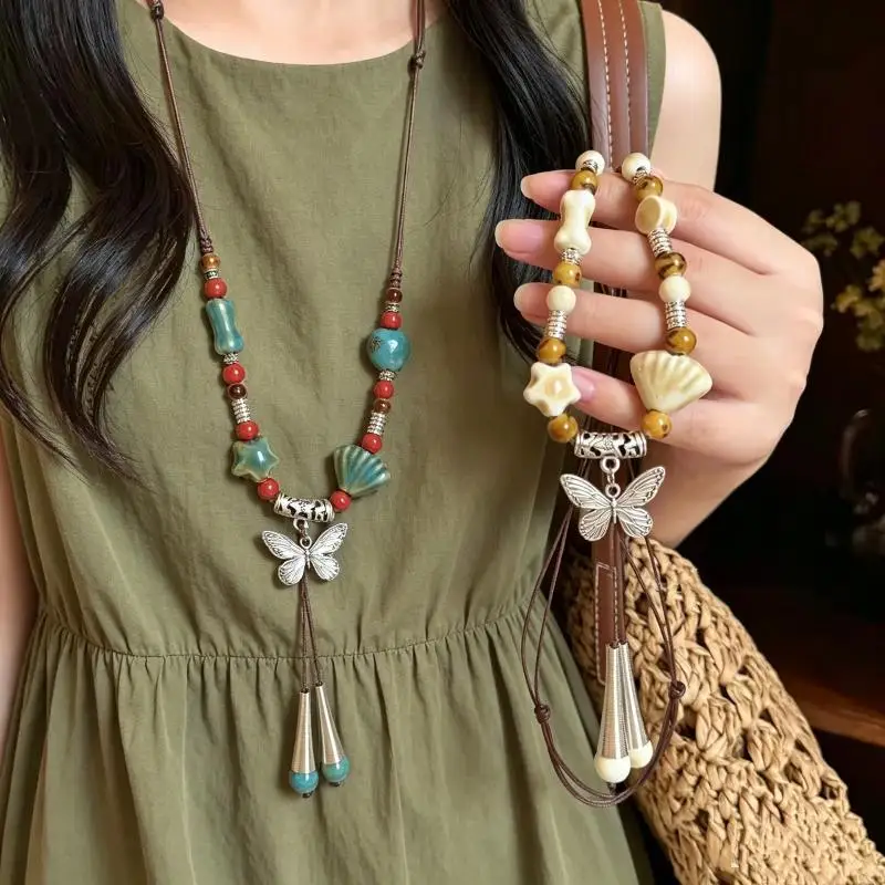 Vintage Ceramic Butterfly Pendant Necklaces for Women New Chinese Ethnic Style Long Adjustable Handmade Beaded Necklaces Jewelr