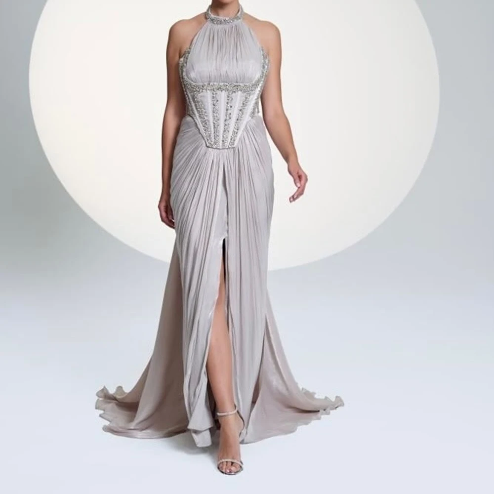 

Вечерние платья русалки по индивидуальному заказу, длиной до пола, с высоким воротом, без рукавов, платье для выпускного вечера, модное простое драпированное вечернее платье с открытой спиной и кристаллами