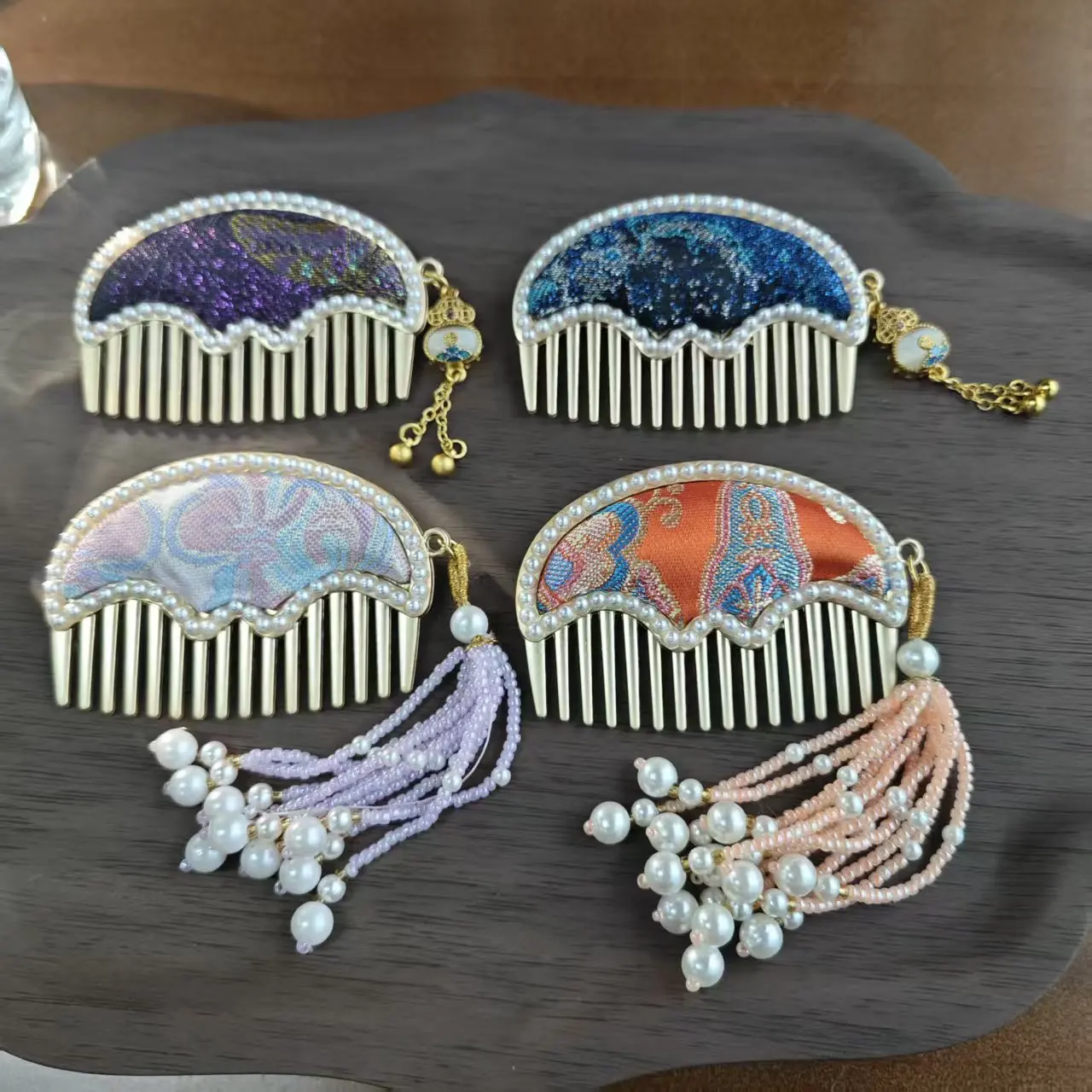 Chic Handmade Chinese Style Brocade Hair Comb Pearl Tassel Hairpin For Women Hanfu Qipao Party Cosplay Daily Wear Vintage Accent