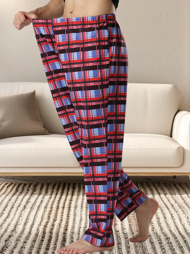 Men\'s fashion home plaid pajama trousers large size loose elastic waist breathable trousers trousers set loungewear