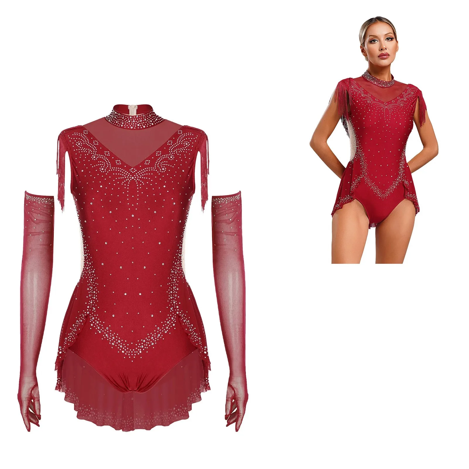 

Women Latin Jazz Tango Samba Rumba Dance Costume Performance Competition Dresses with Glossy Gloves Tassel Skirted Bodysuits