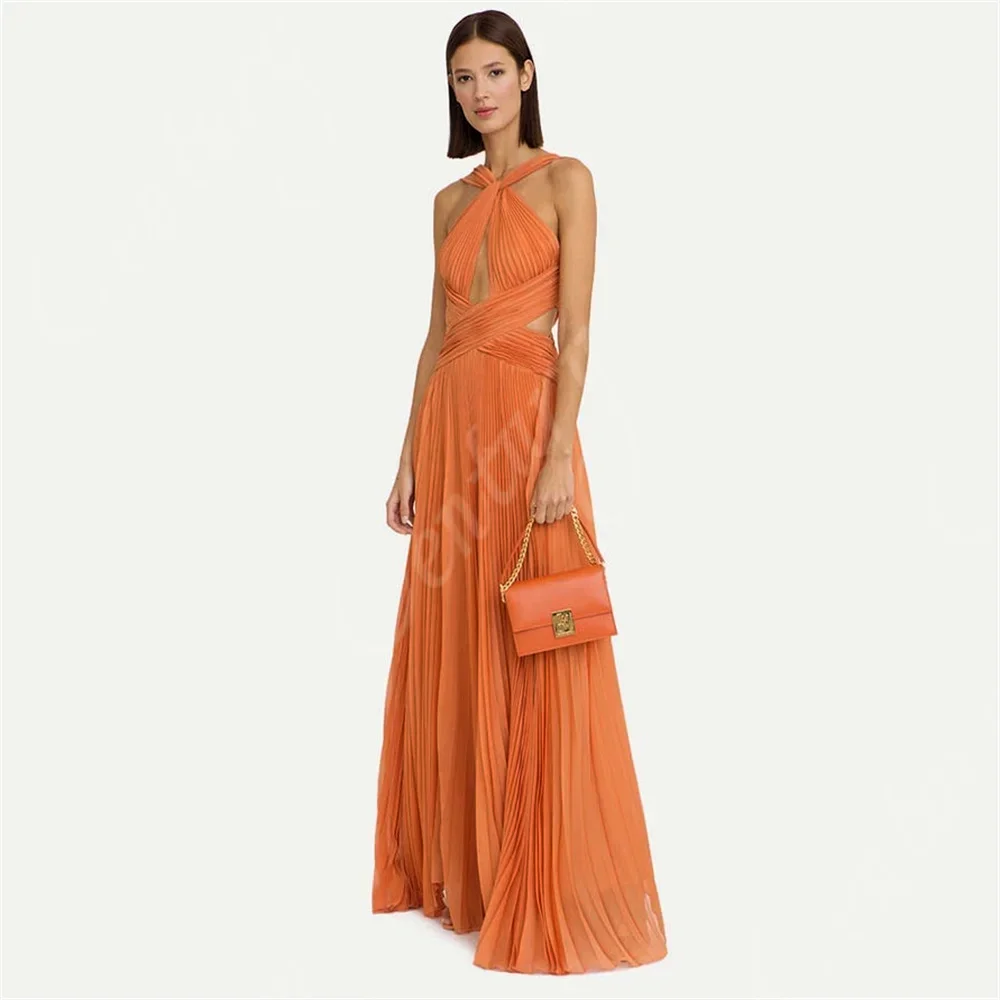 Backless Customized Women Evening Dress Cross Pleated Sleeveless Celebrity Dress A Line Floor Length Pleated Prom Party Gown image 4