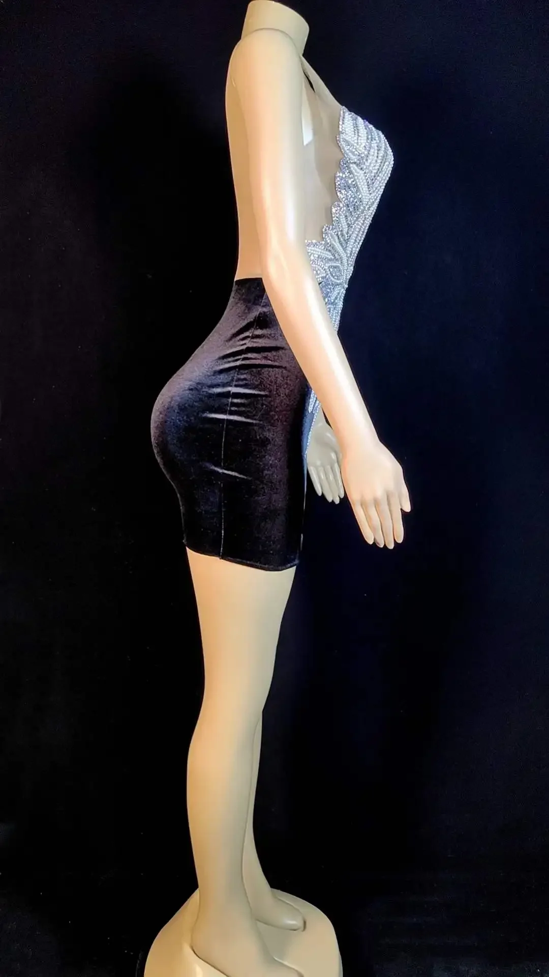 Damska Czarna Błyszcząca Sukienka Mini z Aplikacjami z Cyrkonii, Bez Pleców, Seksowna, Królowa Urodzinowa, Strój Sceniczny, Kostium Drag