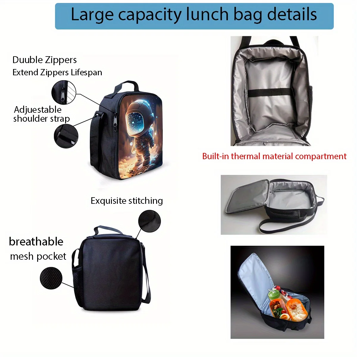 Kawaii Astronaut Pattern Lunch Bag Fashion Thermal Insulation Bag Large-capacity Outdoor Picnic Practical Back-to-school Gift