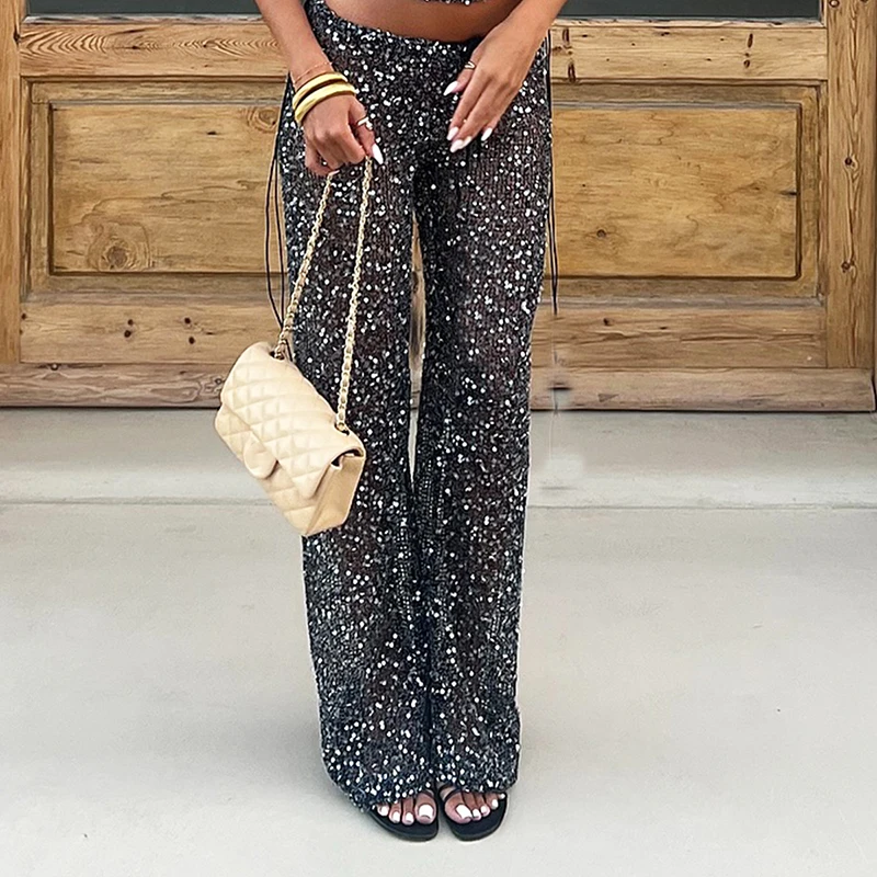 

Сексуальные прозрачные вязаные брюки-палаццо с блестящими пайетками, элегантные, с высокой талией, однотонные, для вечеринок и клубов, женская мода 2026