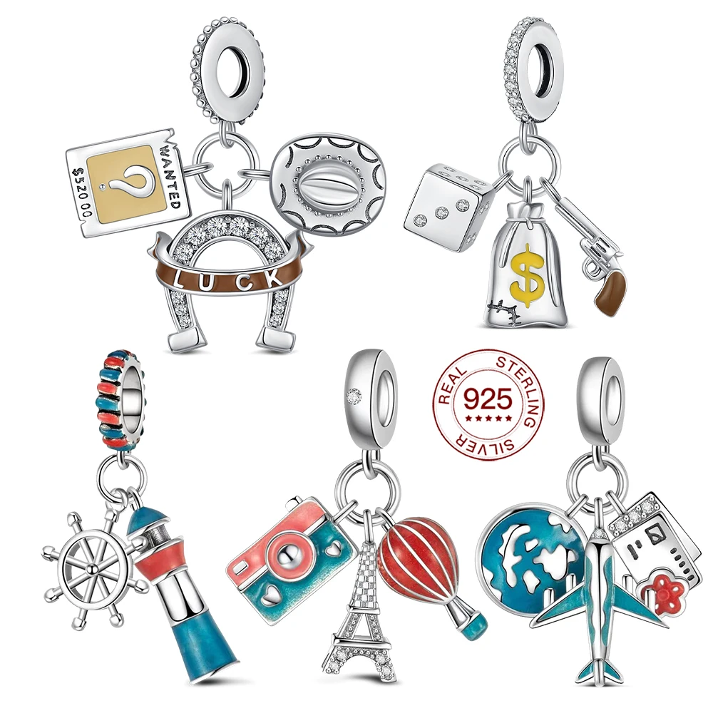 Charm-Anhänger aus 925er-Sterlingsilber, dreiteiliges Reise-Set, Western-Cowboy-Anhänger, passendes Armband, DIY für Frauen, tägliches Geschenk, Freundin, Liebe