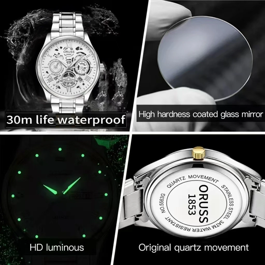 ORUSS Orologio da uomo originale al quarzo luminoso di lusso nuovo orologio da uomo per uomo Freeshiping orologi da polso alla moda in acciaio inossidabile impermeabile