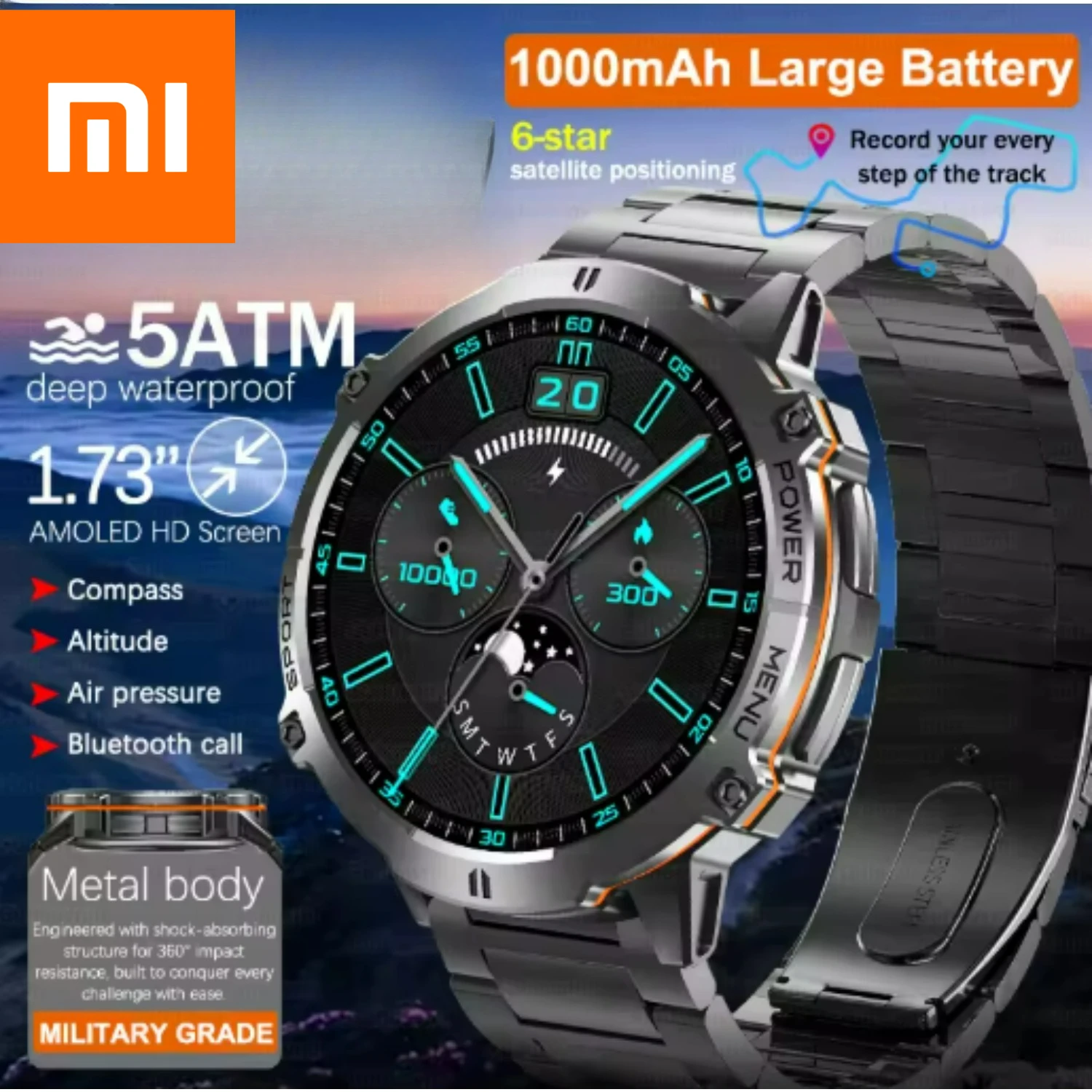 Xiaomi Military TREX3 1000mAh Battery Smart Watch 1.73-inch Screen 5ATM Waterproof  Altimeter Bluetooth Call Men Smartwatch