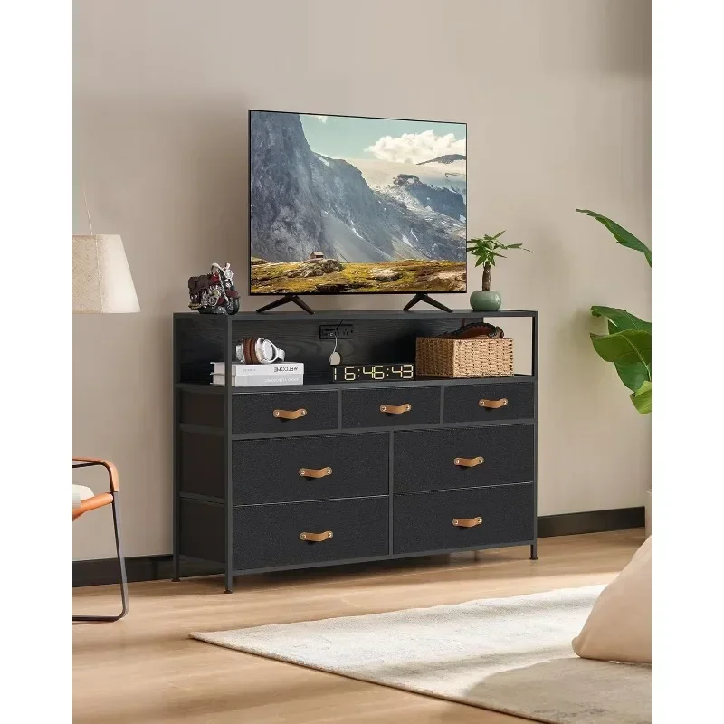 Dresser for Bedroom with Power Outlets and LED Lights, Black 55