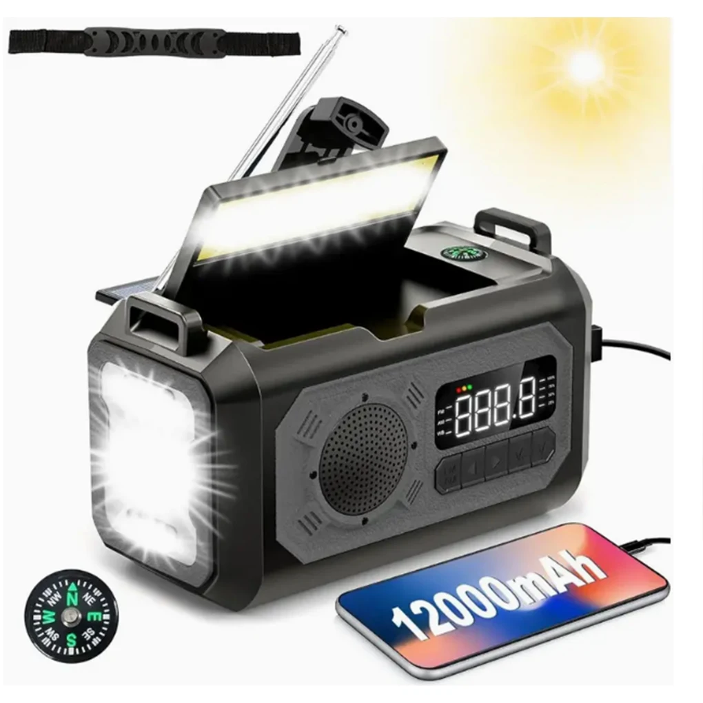 

Multifunction Emergency Radio with LED Lights Outdoor Portable Solar Hand Crank Flashlight Mobile Power USB Rechargeable Radio