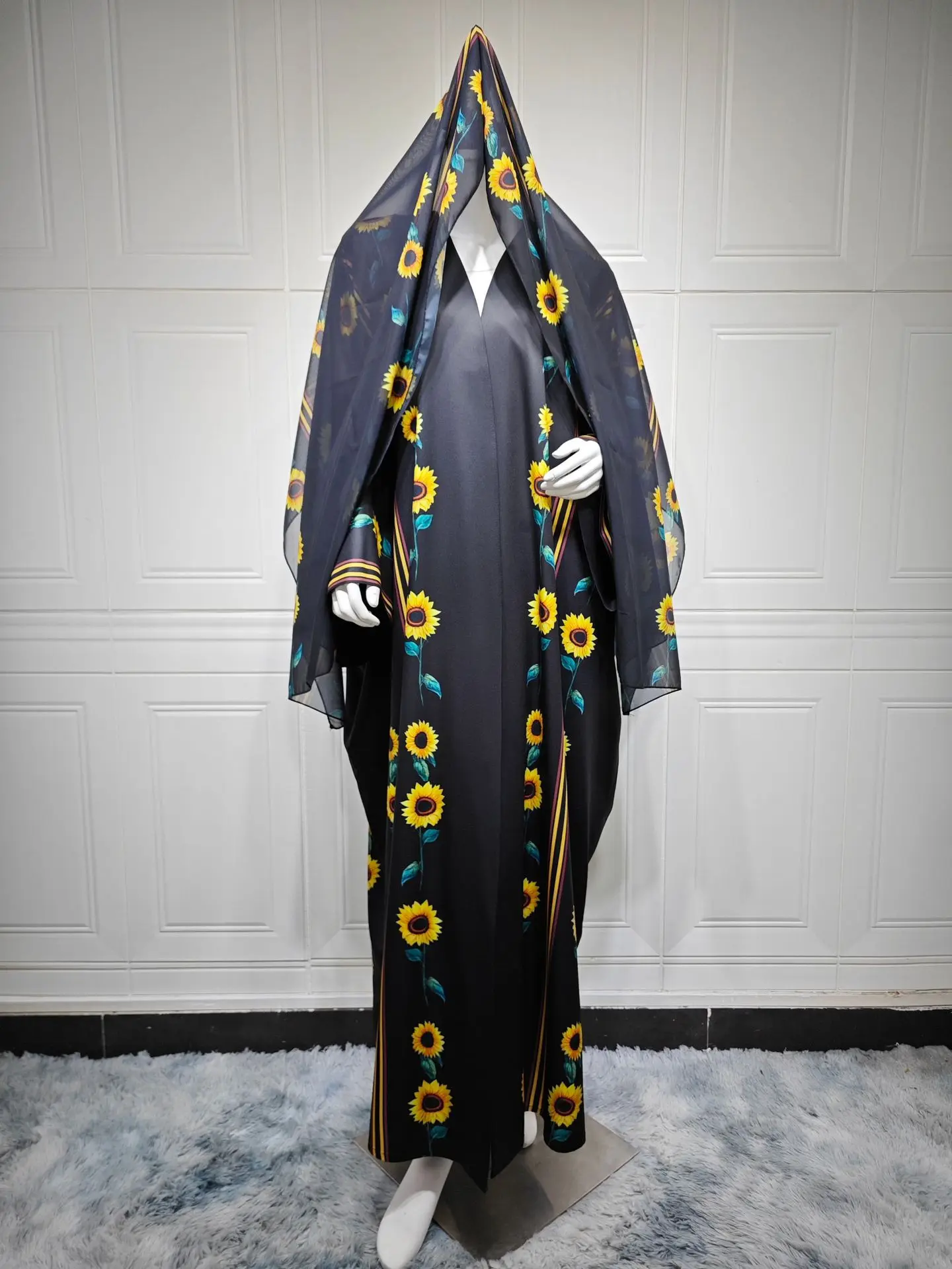 

Dubai Muslim New Fashion Women's Flower Printed Casual Trendy Elegant Loose Long Sleeve Open Stitch Abaya Female Clothes Hijabs