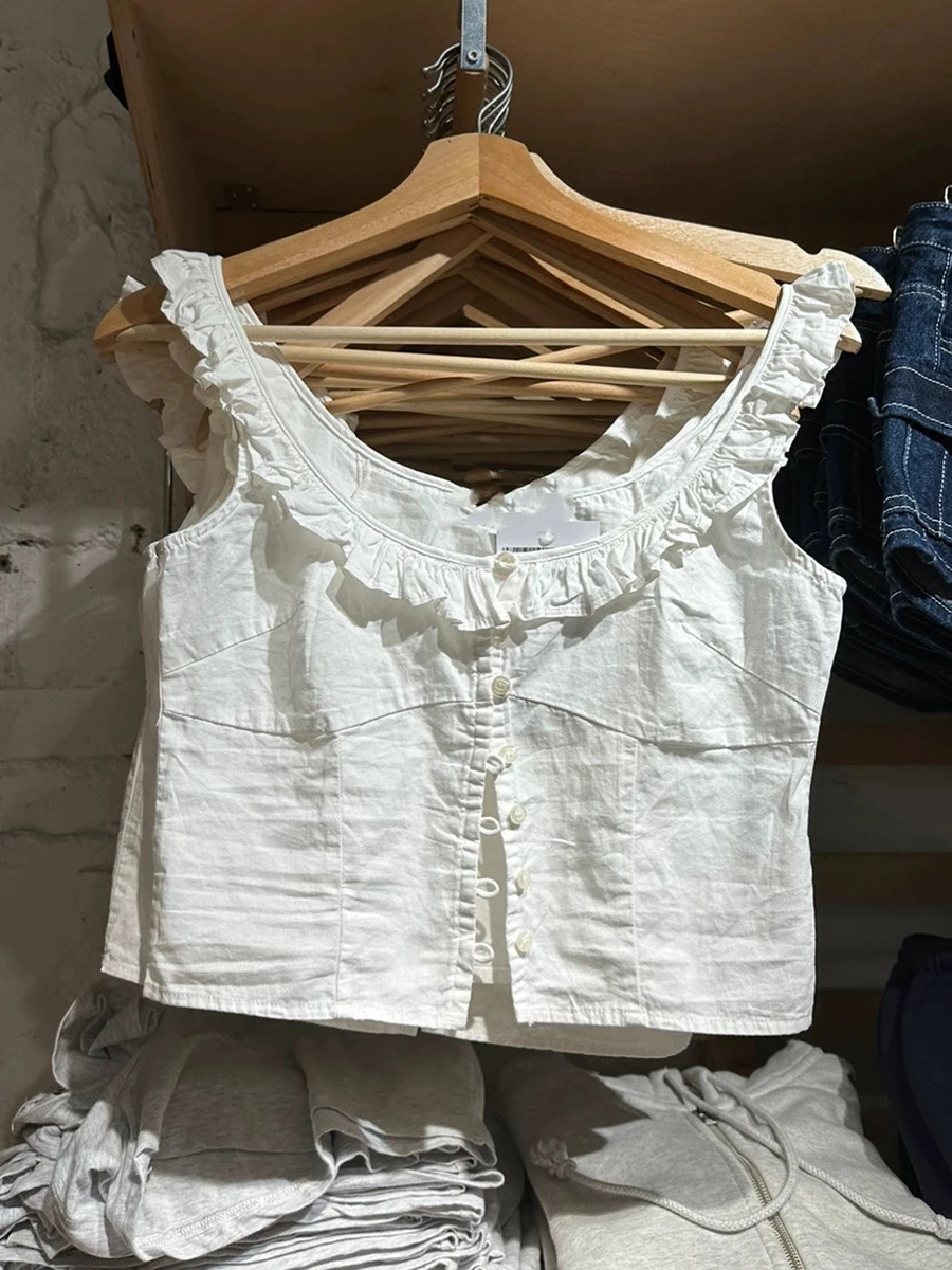 Dolce bianco volant bottoni Crop top donna estate cotone Scoop collo Preppy manica corta Tee Vintage Chic Slim carino t-shirt Y2K