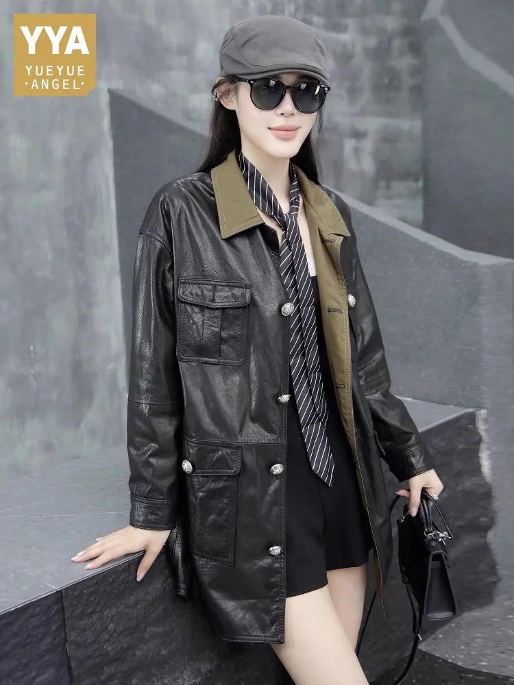 

Autumn Oil Wax Cowhide Women Jackets Fashion Multi Pocket Reversible Jacket Turndown Collar Mid-length Genuine Leather Outerwear