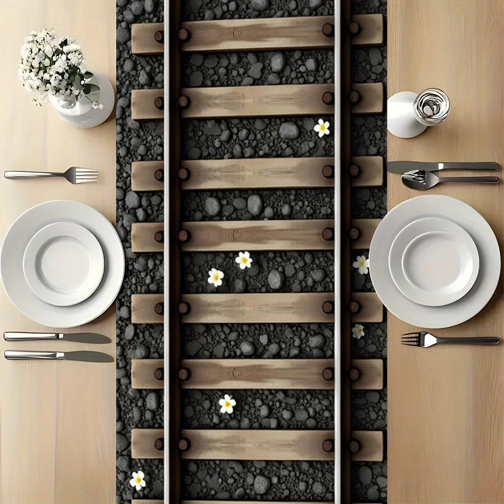 Railway & Flowers Landscape Table Runner - Durable Rectangular Table Cover for Anniversary, Wedding, Holiday Parties & Dining