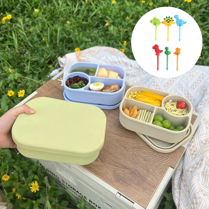 

Silicone Lunch Box with Mini Fruit Fork Set 4-Compartment Leak-Proof Snack Containers for Kids Microwave Safe Food Container