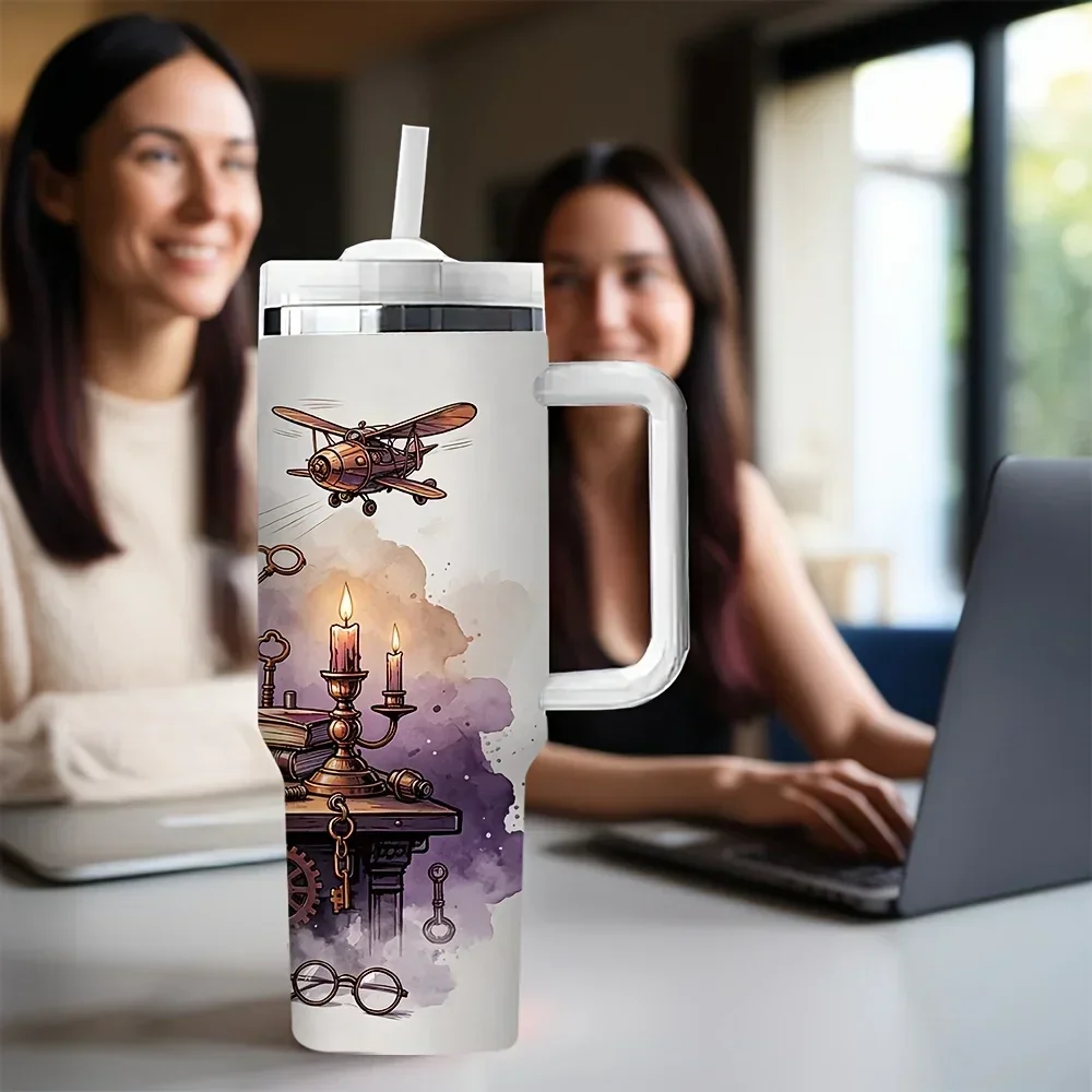 40Oz Long-Lasting Insulated Tumbler with Handle And Straw, Steampunk Reading Lover Print, Great Holiday And Birthday Gift for Avid Book Lovers, Suitable for Daily Use And Various Outdoor Activities