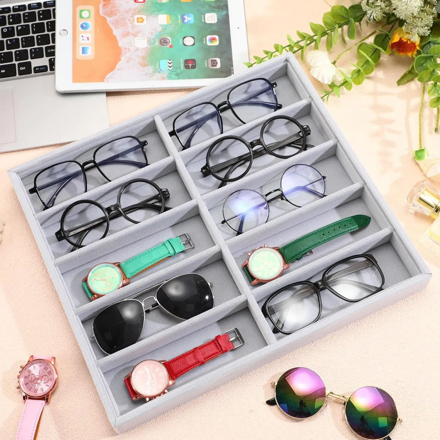 

5/15 Grids Fashion Glasses Cases Beige Sunglasses Display Box Sunglasses Display Glasses Display Props Jewelry Organizer Tray