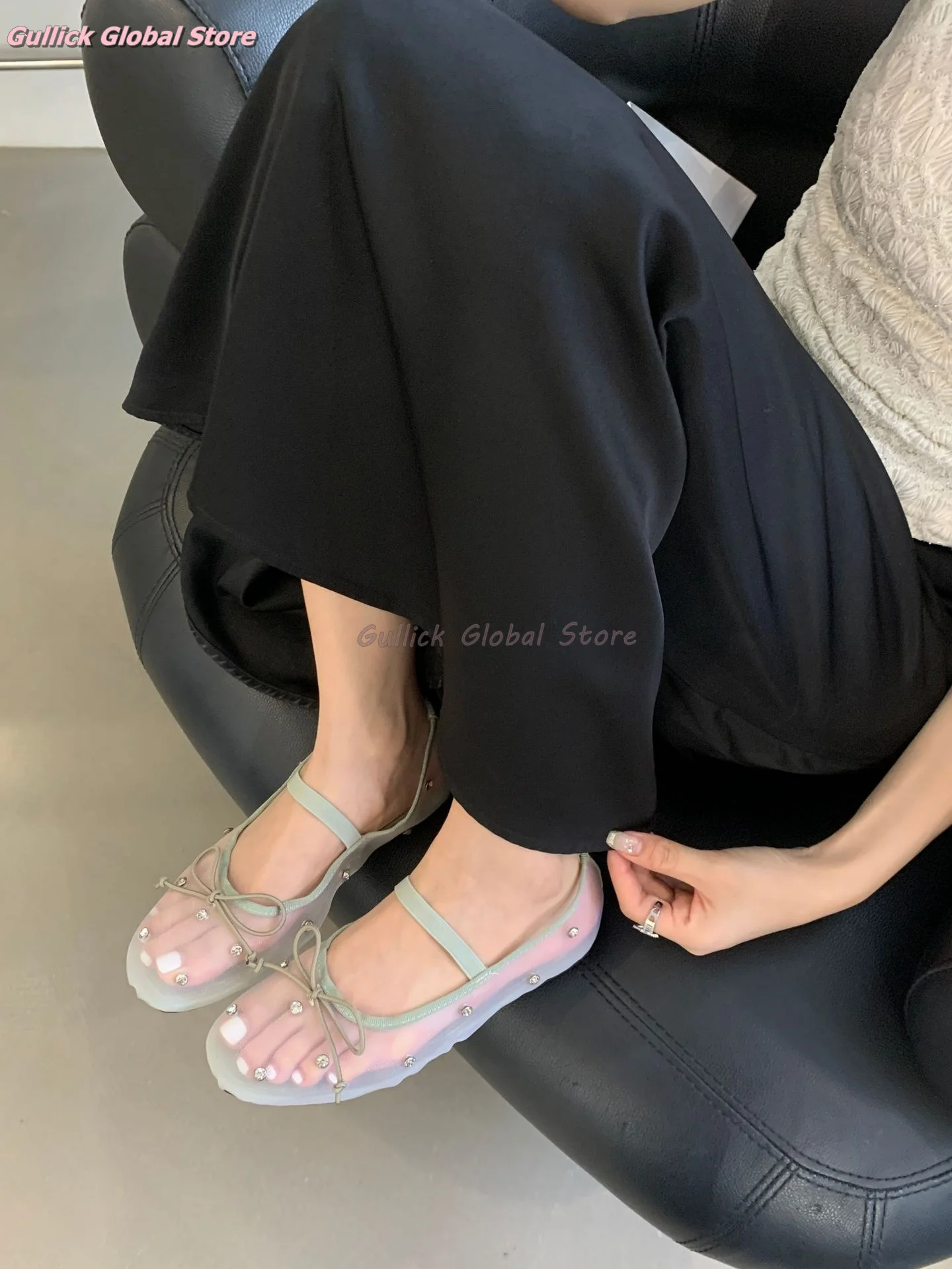 2024 New Arrival Round Toe Mesh Rhinestone Butterfly Knot Flat Summer Breathable Dress Casual Grace Women Shoes Fashionable Cosy